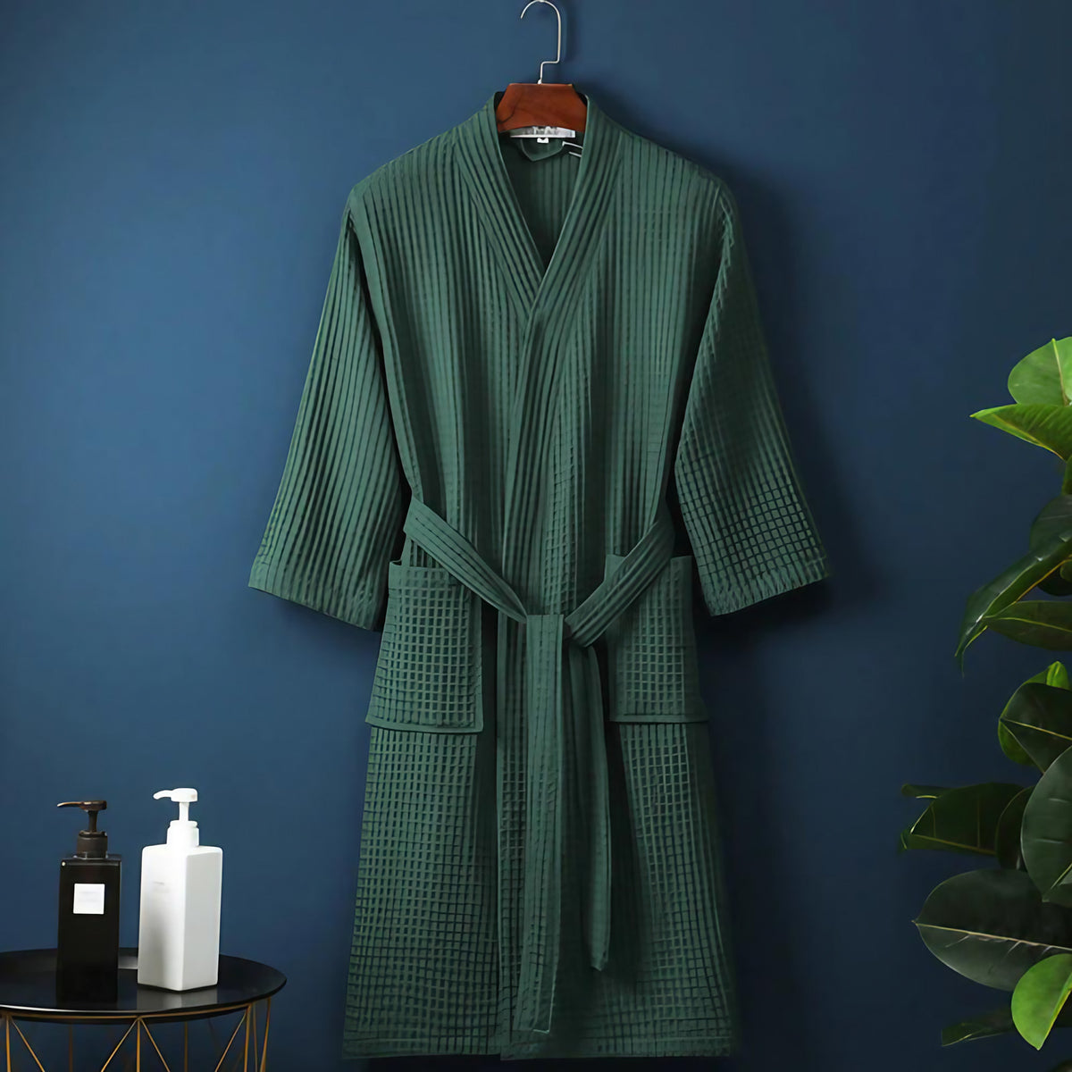 Peignoir kimono femme en coton gaufré, ceinture et poches, vert
