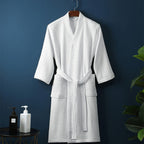 Peignoir kimono femme en coton gaufré, ceinture et poches, blanc
