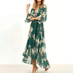 Robe de cocktail verte femme à volants et ceinture, vert
