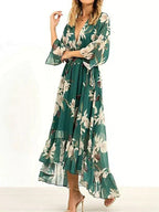 Robe de cocktail verte femme à volants et ceinture