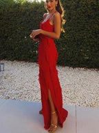 Robe de cocktail femme à volants, manches longues, rouge ou noir
