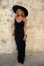 Robe de cocktail femme à volants, manches longues, rouge ou noir, noir