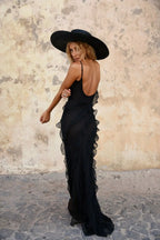 Robe de cocktail femme à volants, manches longues, rouge ou noir