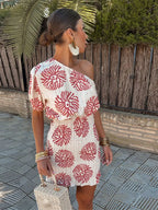 Robe asymétrique imprimée femme, blanc et rouge, du S au L