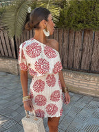 Robe asymétrique imprimée femme, blanc et rouge, du S au L, blanc et rouge