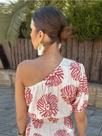 Robe asymétrique imprimée femme, blanc et rouge, du S au L