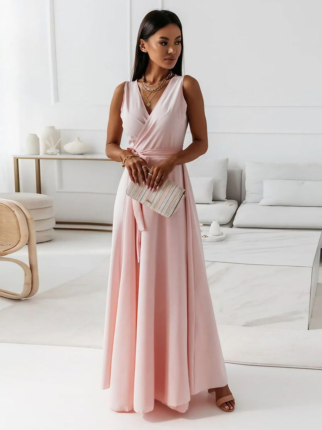 Robe cocktail col V à manches courtes, sept coloris, du S au 2XL, rose clair