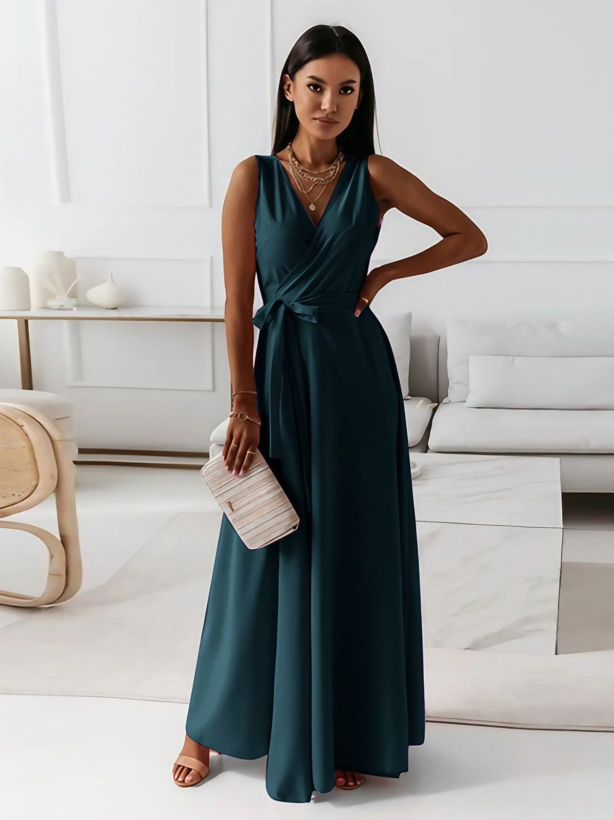 Robe cocktail col V à manches courtes, sept coloris, du S au 2XL, vert foncé