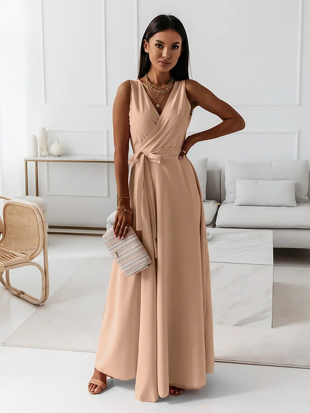 Robe cocktail col V à manches courtes, sept coloris, du S au 2XL, kaki
