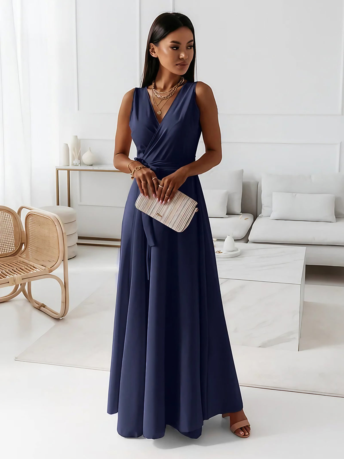 Robe cocktail col V à manches courtes, sept coloris, du S au 2XL, bleu marine