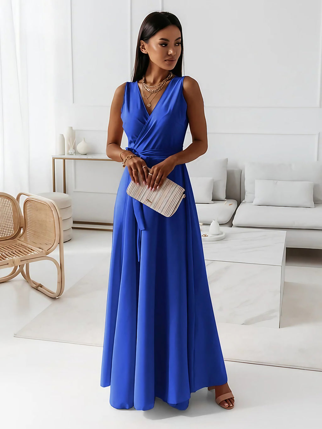 Robe cocktail col V à manches courtes, sept coloris, du S au 2XL, bleu