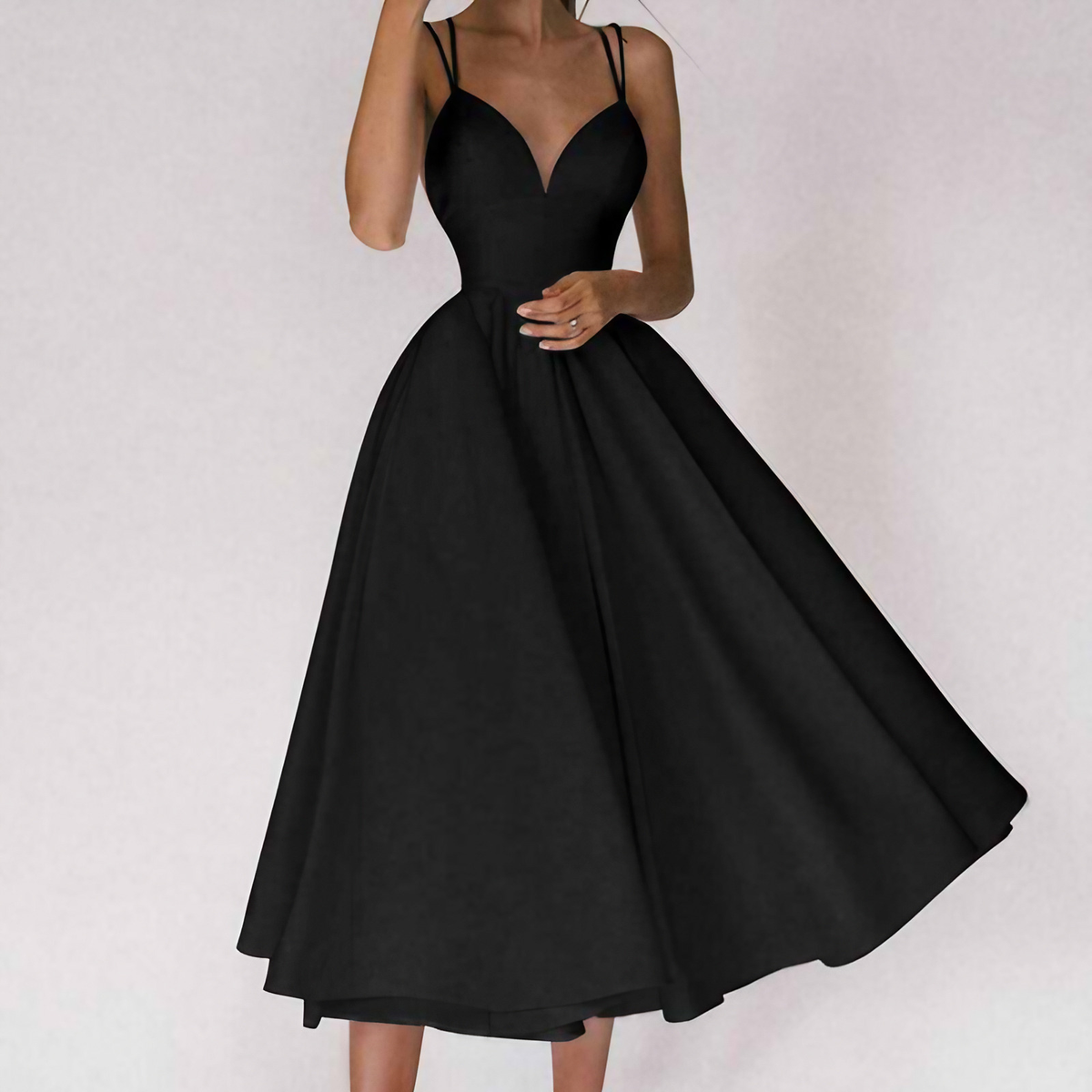 Robe de cocktail femme col V à fines bretelles, du 32 au 50, noir