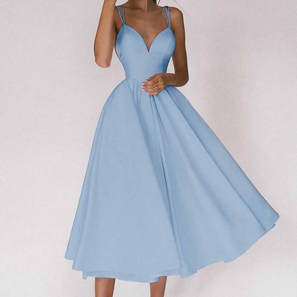 Robe de cocktail femme col V à fines bretelles, du 32 au 50, bleu