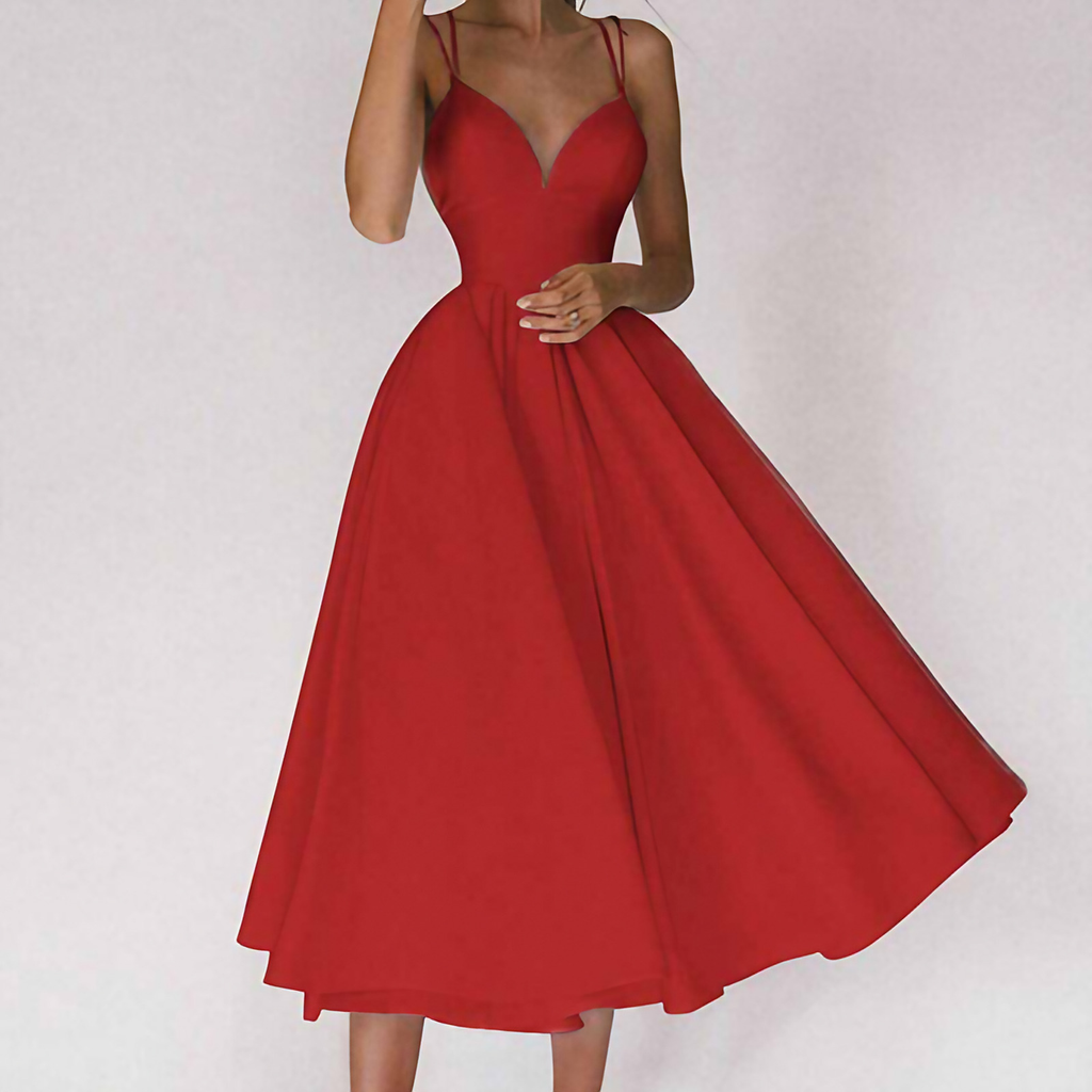 Robe de cocktail femme col V à fines bretelles, du 32 au 50, rouge