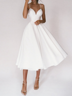 Robe de cocktail femme col V à fines bretelles, du 32 au 50, blanc