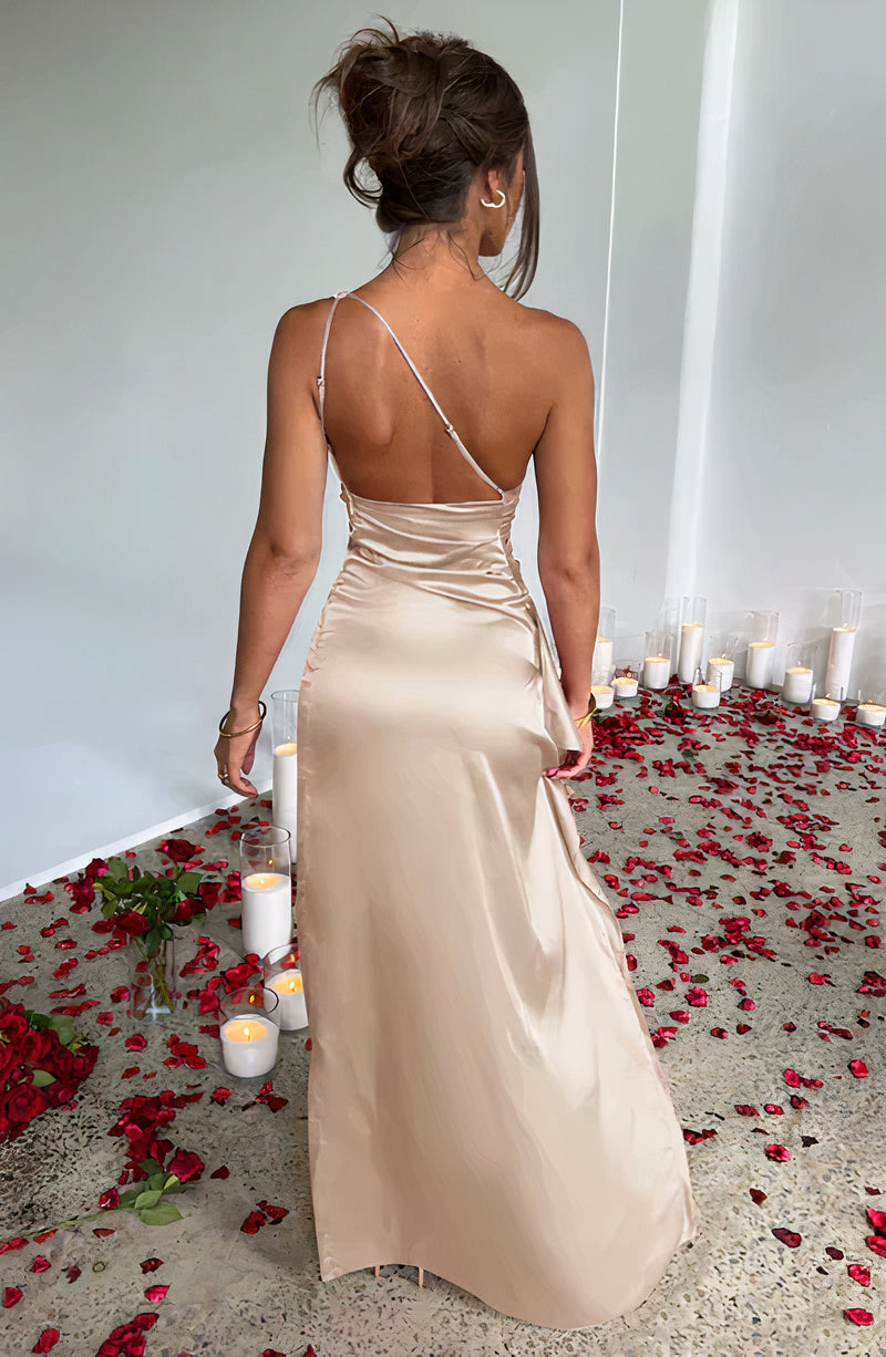 Robe de cocktail femme asymétrique à une épaule, mi-longue