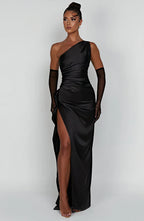 Robe de cocktail femme asymétrique à une épaule, mi-longue, noir