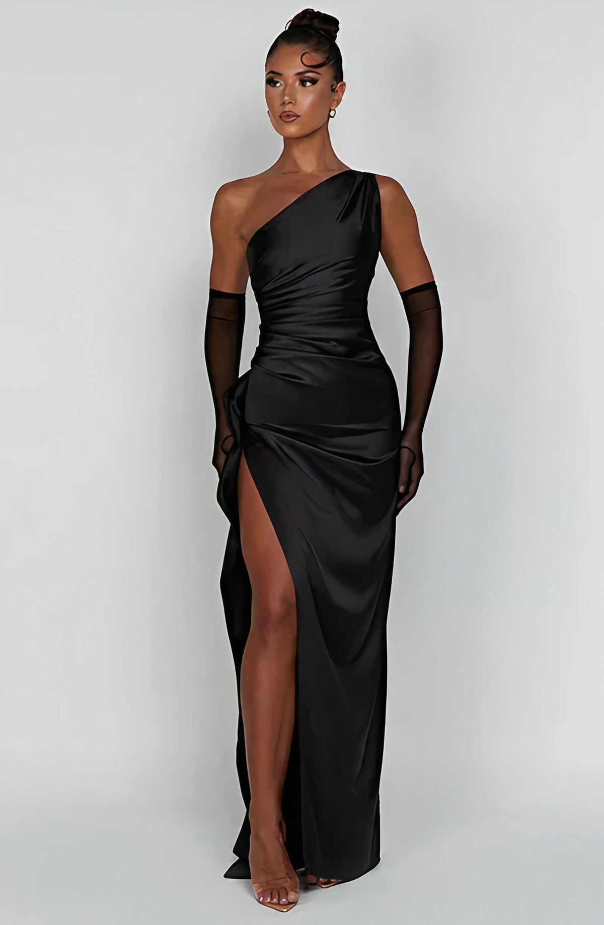 Robe de cocktail femme asymétrique à une épaule, mi-longue, noir