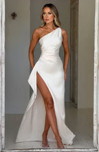 Robe de cocktail femme asymétrique à une épaule, mi-longue
