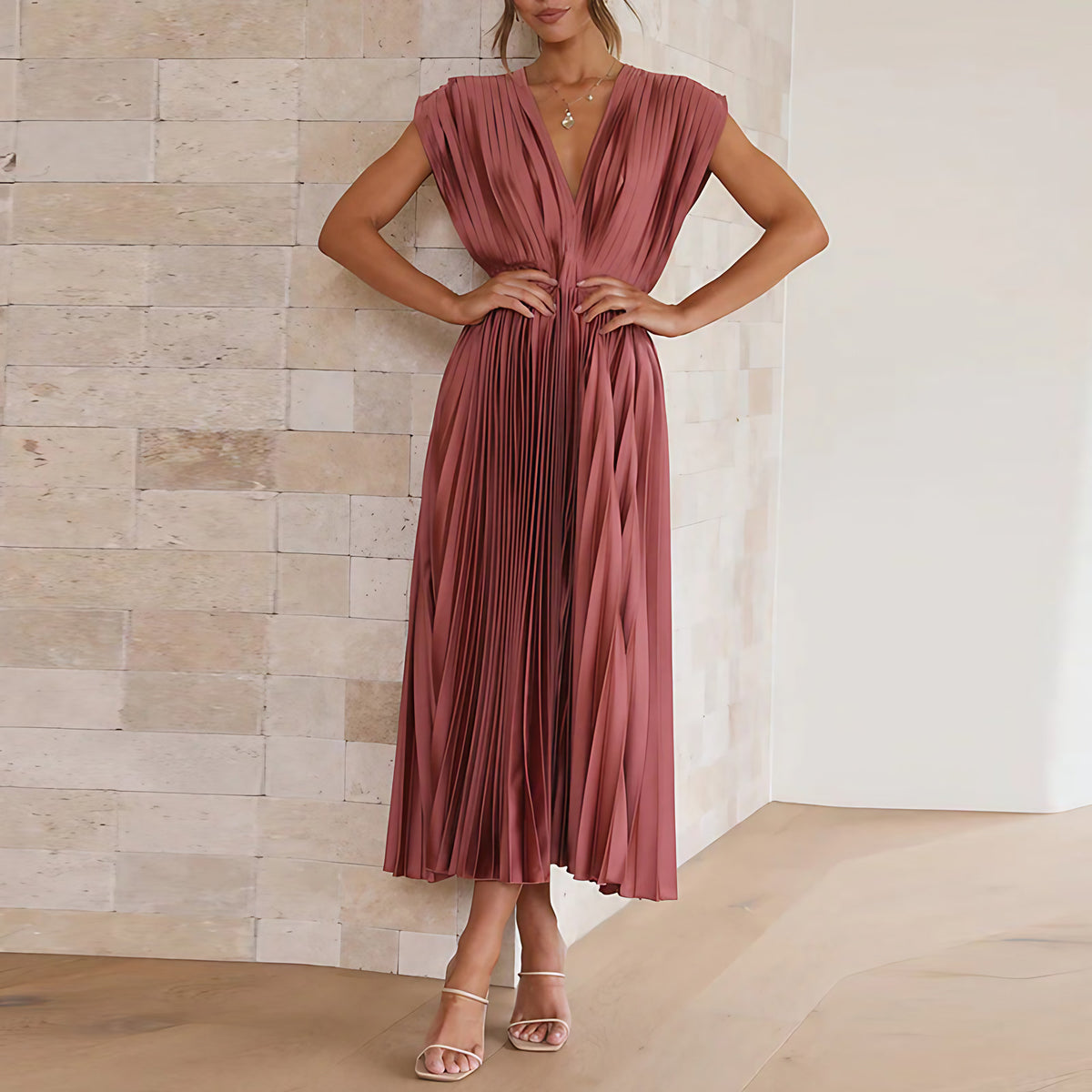 Robe col V femme à manches longues, cinq coloris, rose rouge