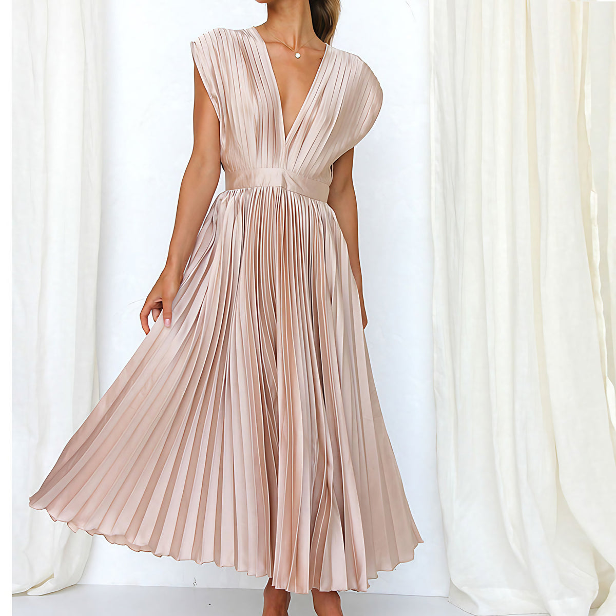 Robe col V femme à manches longues, cinq coloris, champagne