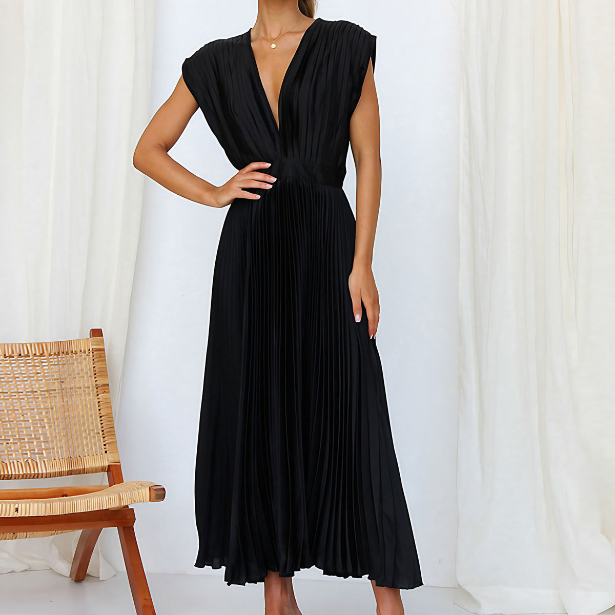 Robe col V femme à manches longues, cinq coloris, noir