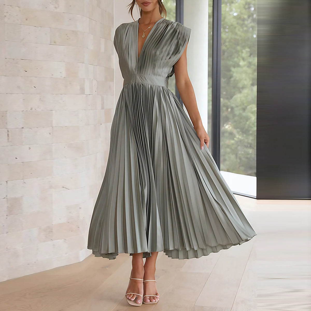 Robe col V femme à manches longues, cinq coloris, olive