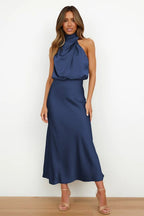 Robe de cocktail femme à manches courtes, sept coloris, bleu