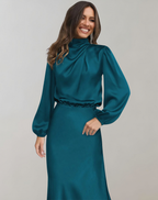 Robe de cocktail longue femme à manches longues, six coloris, bleu lac