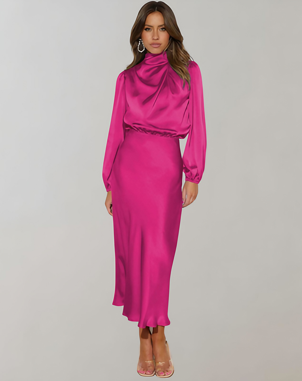 Robe de cocktail longue femme à manches longues, six coloris, rose rouge