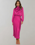 Robe de cocktail longue femme à manches longues, six coloris, rose rouge