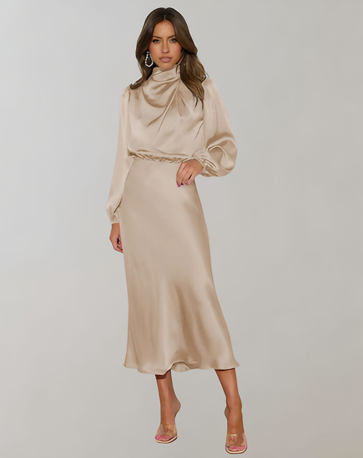 Robe de cocktail longue femme à manches longues, six coloris, abricot
