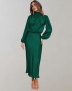 Robe de cocktail longue femme à manches longues, six coloris, vert foncé