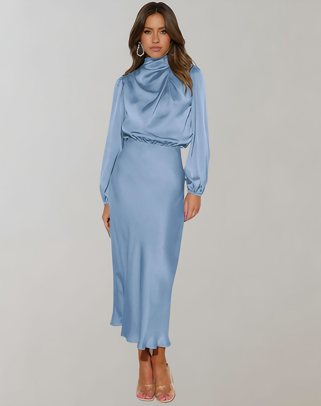 Robe de cocktail longue femme à manches longues, six coloris, bleu ciel