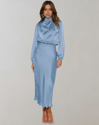 Robe de cocktail longue femme à manches longues, six coloris, bleu ciel