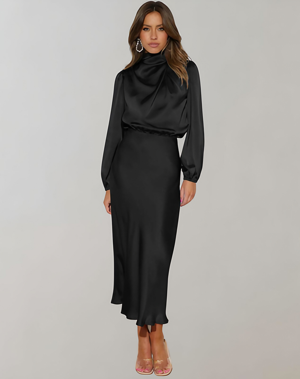 Robe de cocktail longue femme à manches longues, six coloris, noir