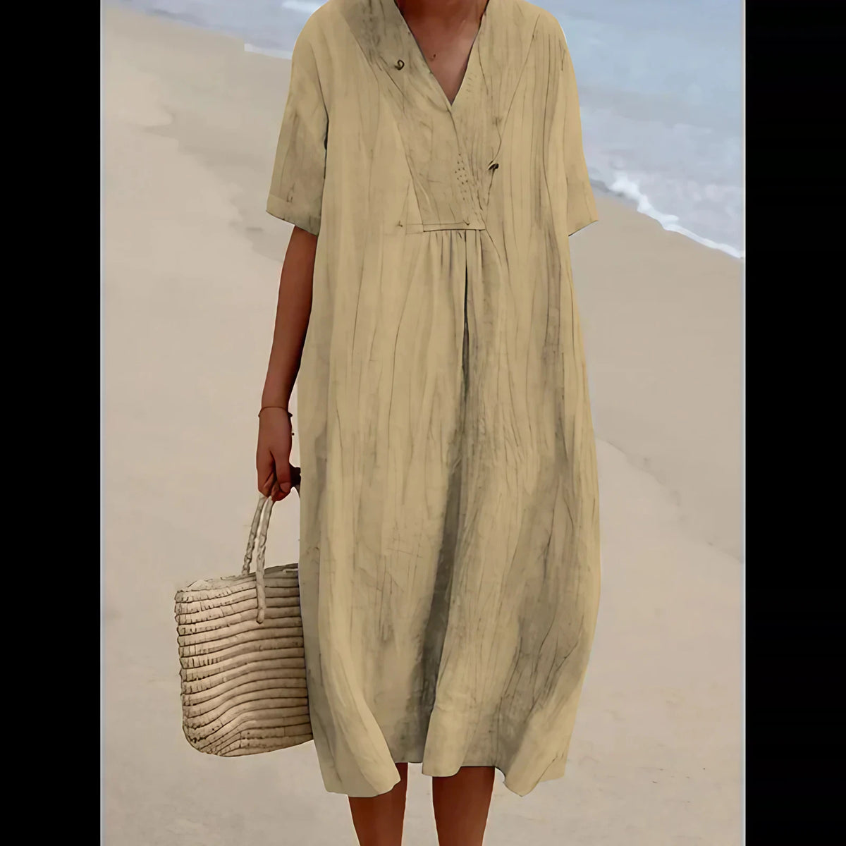 Robe midi de plage femme, coupe fluide, six coloris, beige