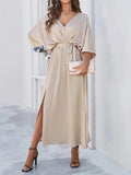 Robe de printemps femme à col V, manches courtes, quatre coloris, champagne
