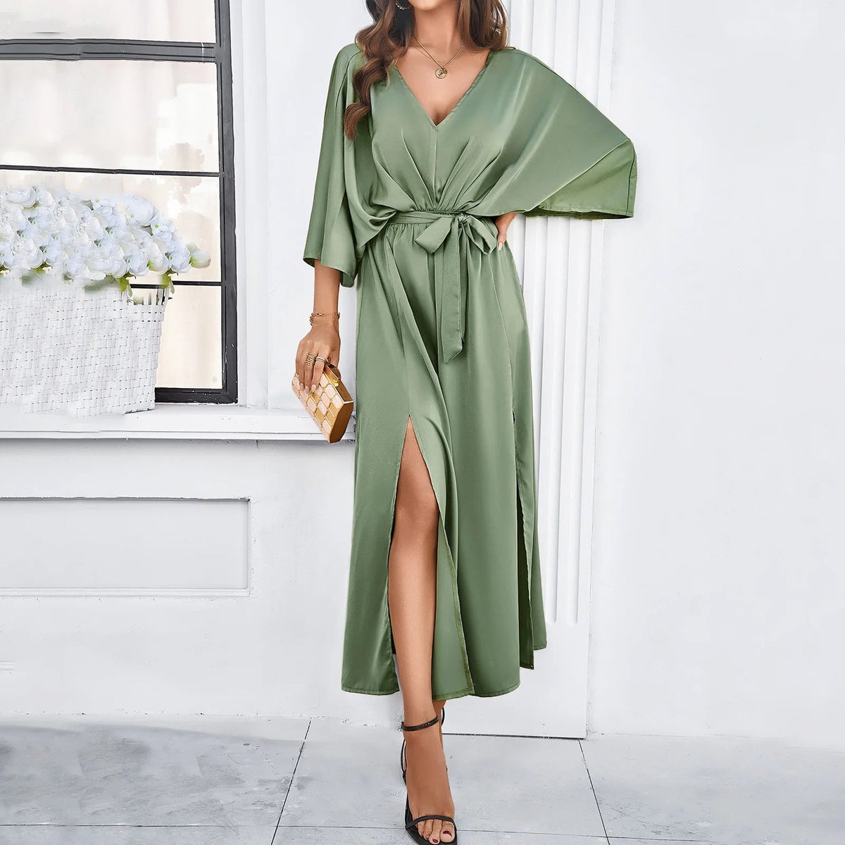 Robe de printemps femme à col V, manches courtes, quatre coloris, vert
