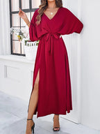 Robe de printemps femme à col V, manches courtes, quatre coloris, rouge