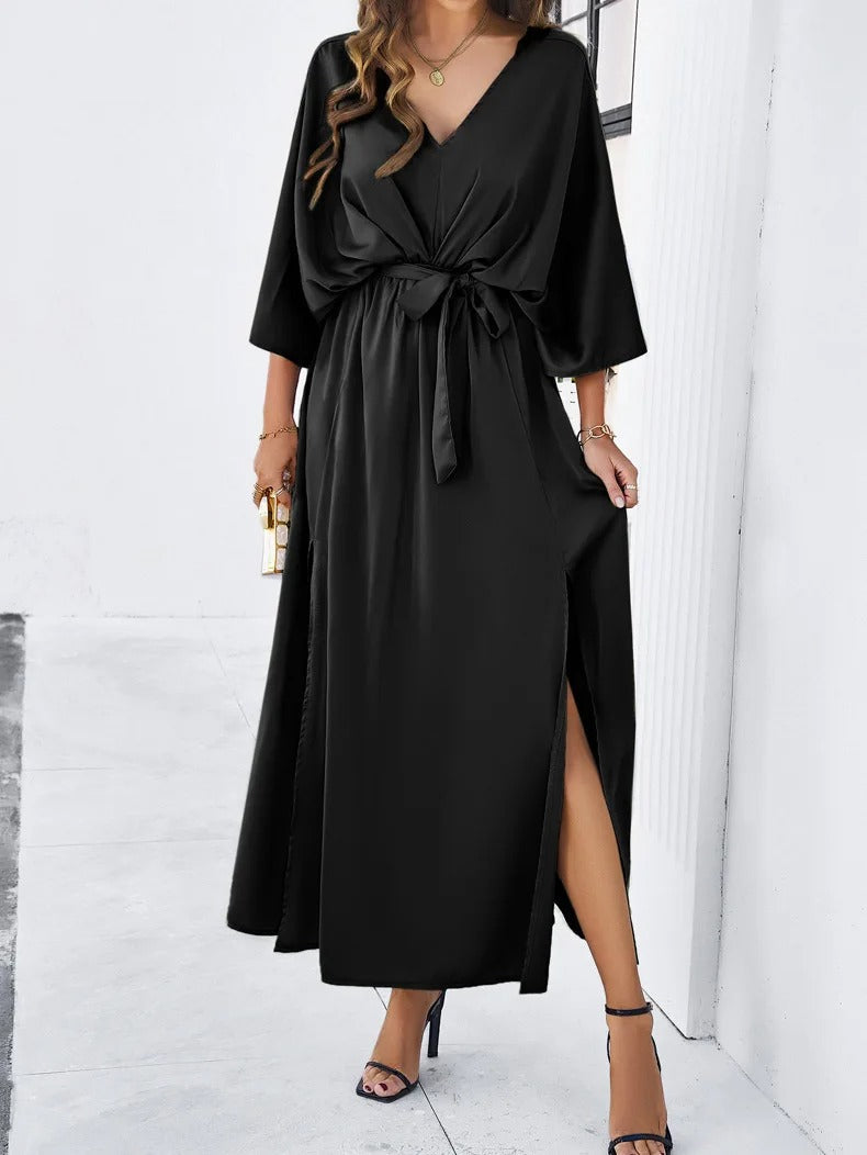 Robe de printemps femme à col V, manches courtes, quatre coloris, noir