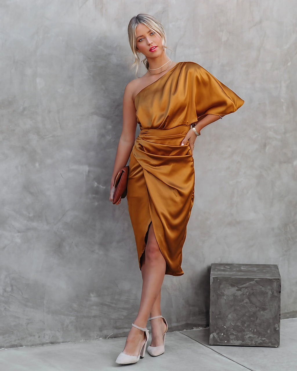 Robe de soirée asymétrique une épaule, fendue, longueur midi, orange