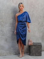Robe de soirée asymétrique une épaule, fendue, longueur midi, bleu