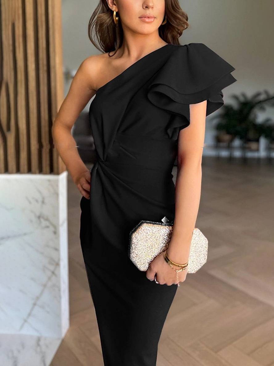 Robe de soirée longue une épaule, fendue, à volants, du XS au 3XL