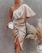 Robe de soirée femme ajustée à manches, cinq coloris, beige