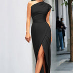 Robe de soirée longue femme, fente asymétrique et col fendu, noir