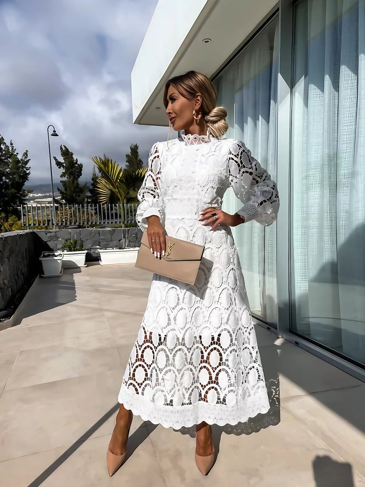 Robe de soirée longue femme à manches longues, coupe ajustée, blanc