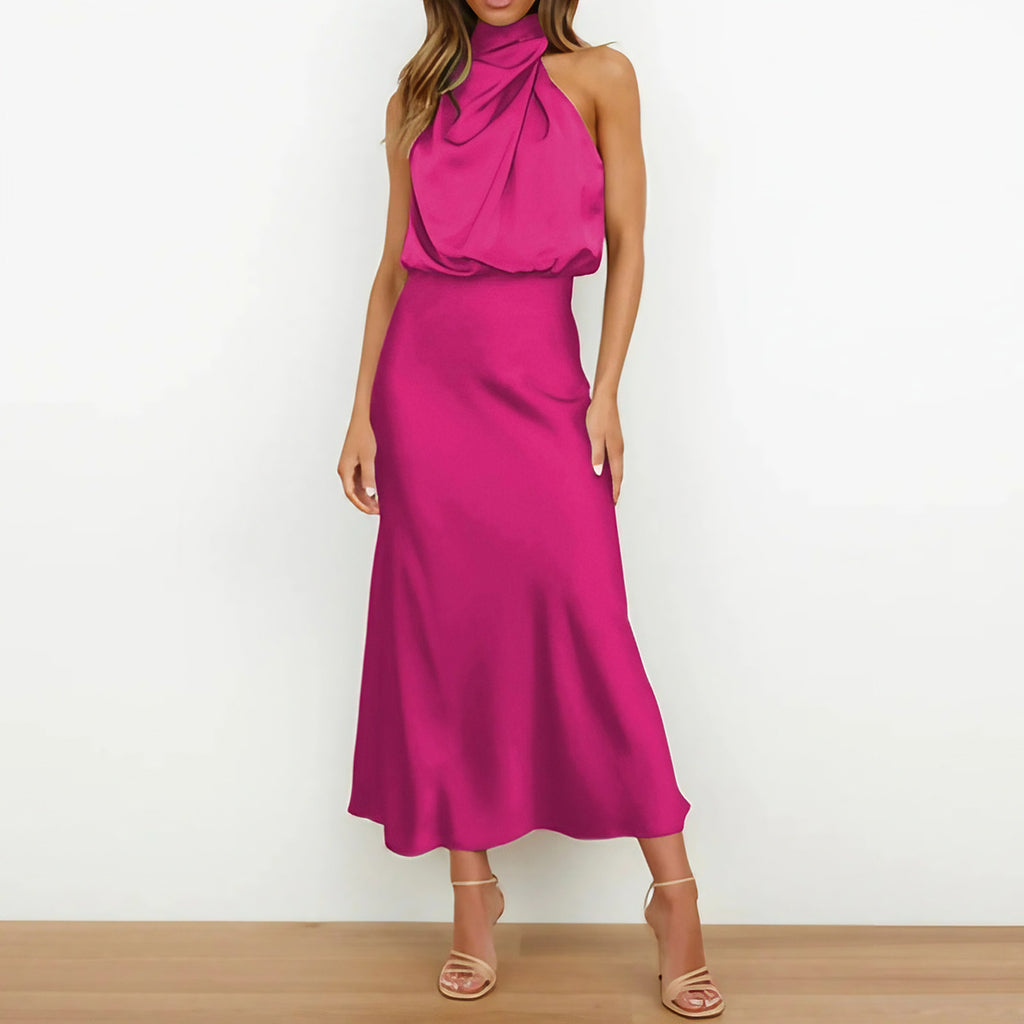 Robe de soirée midi col V à bretelles réglables, neuf coloris, rose