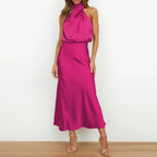 Robe de soirée midi col V à bretelles réglables, neuf coloris, rose