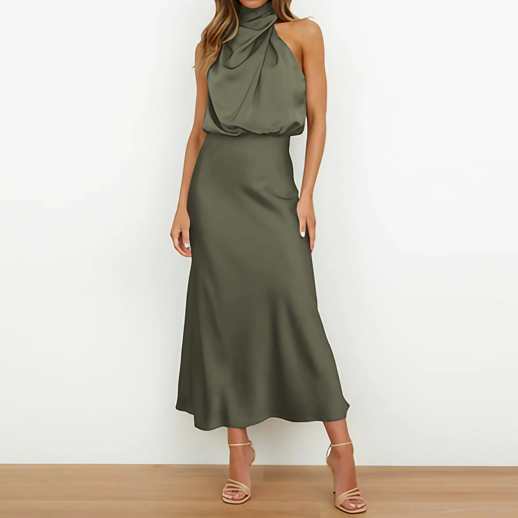 Robe de soirée midi col V à bretelles réglables, neuf coloris, vert foncé